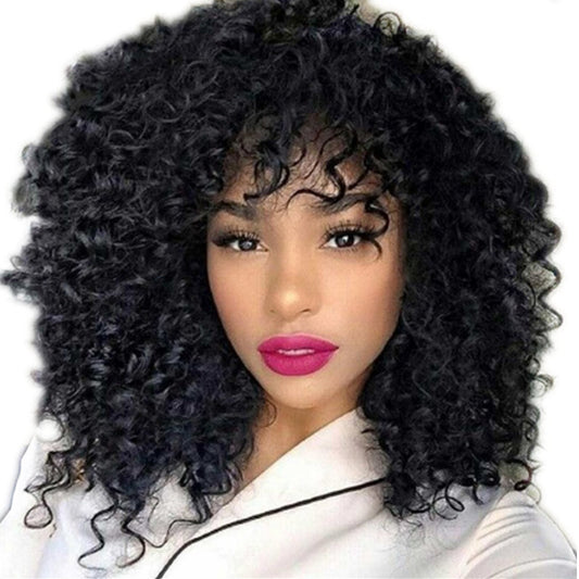 African Short Curly Hair Female Wigs, Fluffy Small Curly Bangs, Long Curly Hair Wig